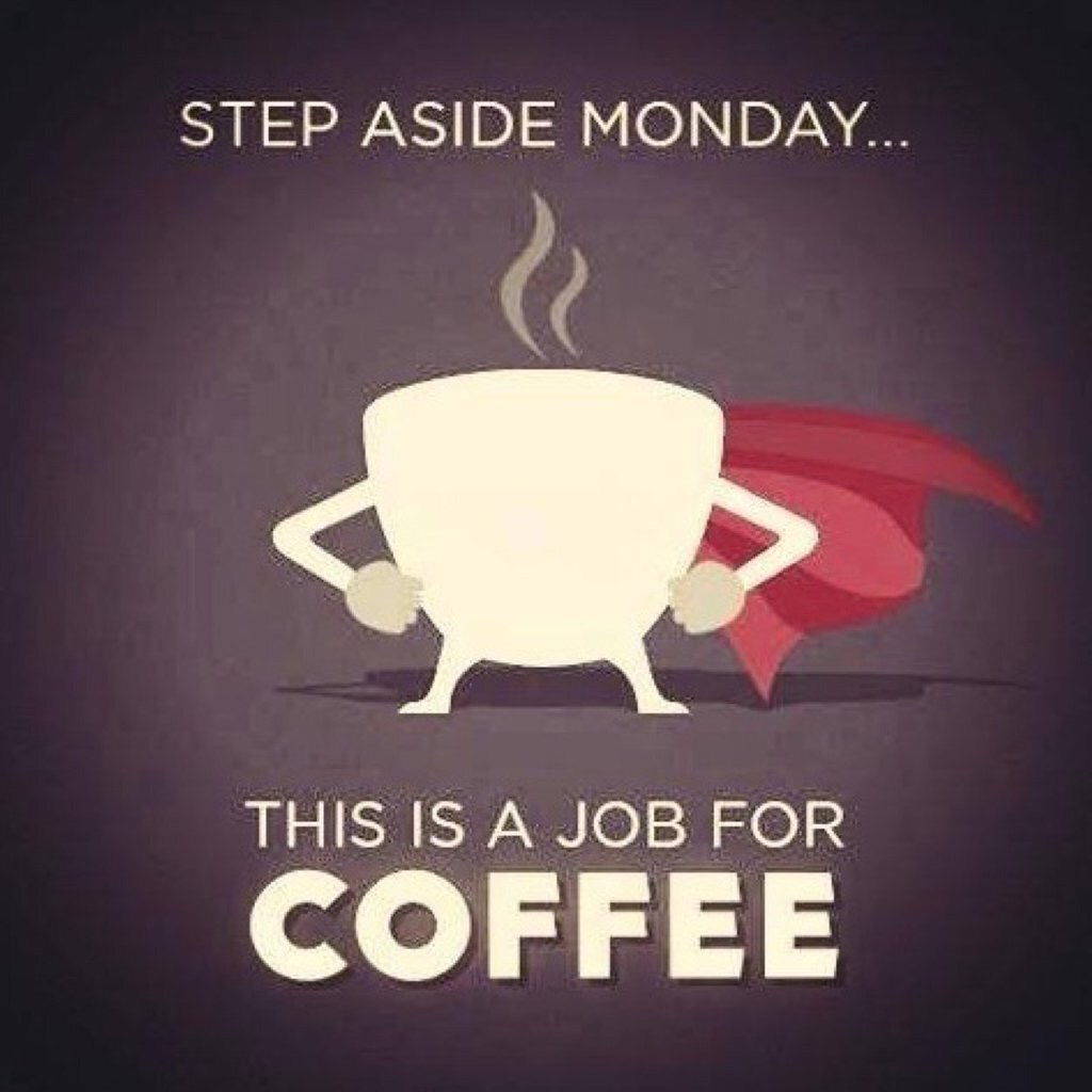 A steaming cup of coffee with  words  ,